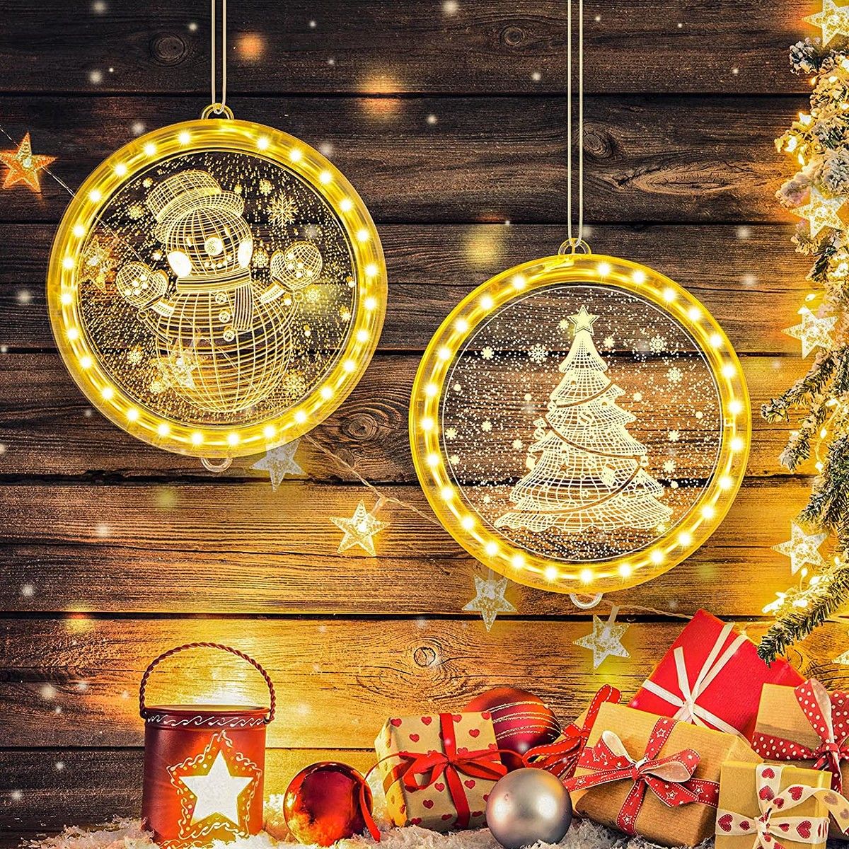 Christmas Decorative 3D Hanging Lights 2 PCS Christmas Window Light Hanging Lighted Window Decorations for Indoor Outdoor Windows Decorations (Snowman, Xmas Tree)
