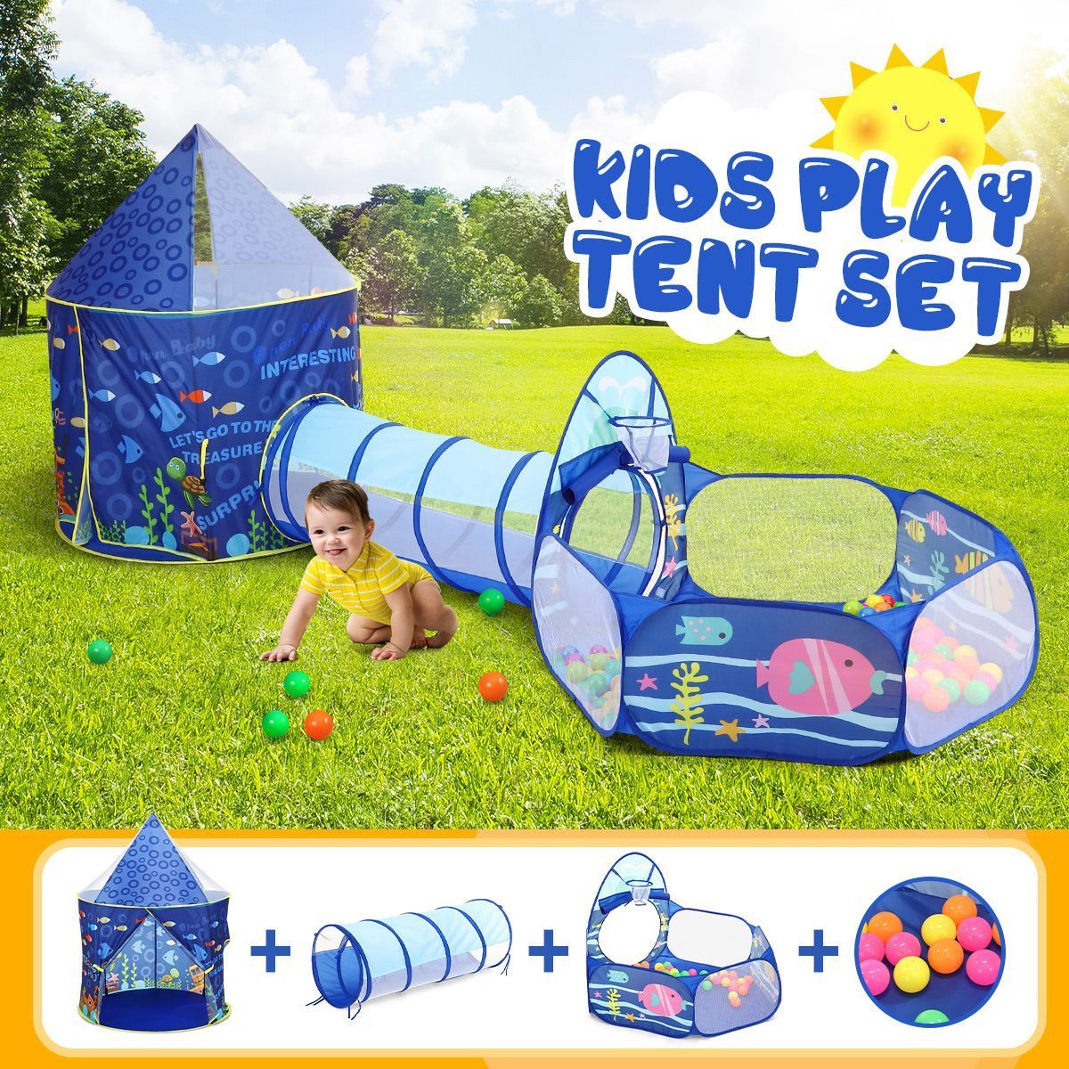 3-In-1 Kids Play Tent House Baby Crawl Tunnel Ball Pit with Basketball Hoop