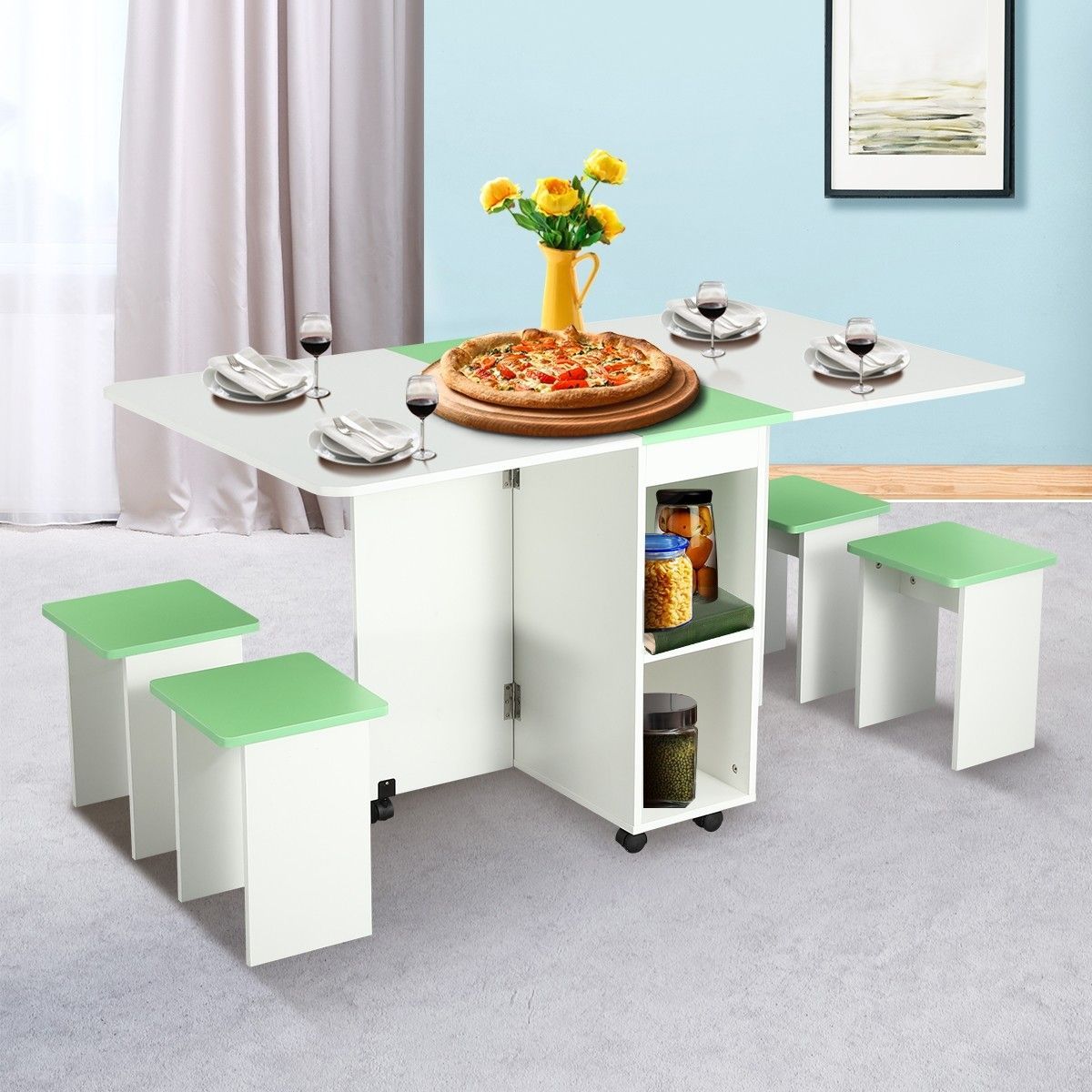 Multifunctional 5-Piece Wooden Folding Table and Chair Set Modern Home Furniture
