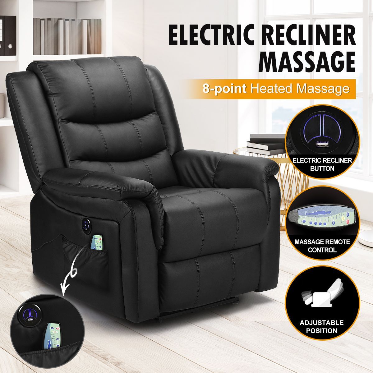 8-Point Heated Vibrating Massage Chair Electric Recliner Armchair Lounge Sofa with USB Charge Port