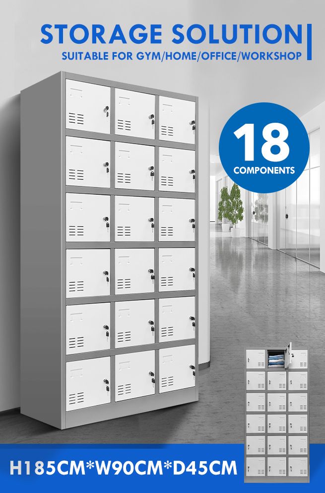 18 Doors Metal Steel Locker Gym Office School Home Stationary Storage Cabinet White