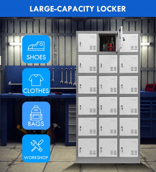 18 Doors Metal Steel Locker Gym Office School Home Stationary Storage Cabinet White