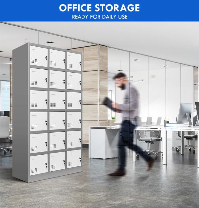 18 Doors Metal Steel Locker Gym Office School Home Stationary Storage Cabinet White