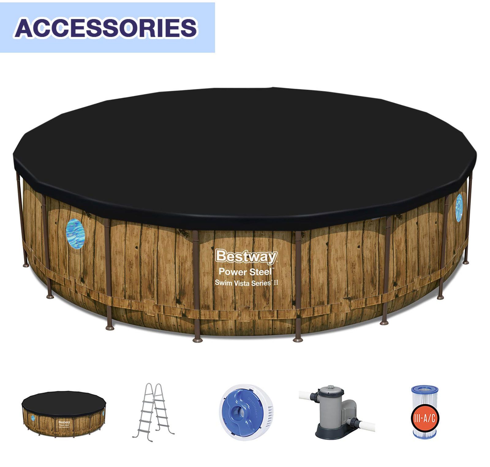 Bestway Round Above Ground Swimming Pool Portable Backyard Pool Set with Filter Pump 5.49x1.22m