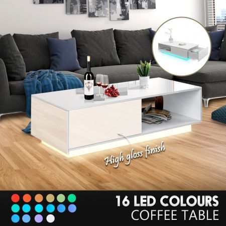Modern White Rectangle Coffee Table High Gloss LED Storage Furniture with 1 Drawer