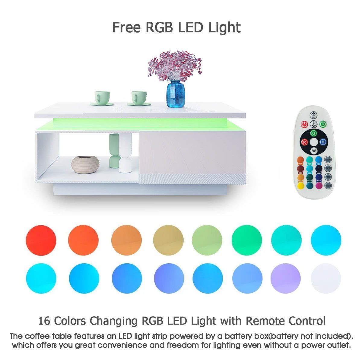 Coffee Table 2 Drawers Storage Cabinet High Gloss 16 LED Colour Lighted Furniture Modern White