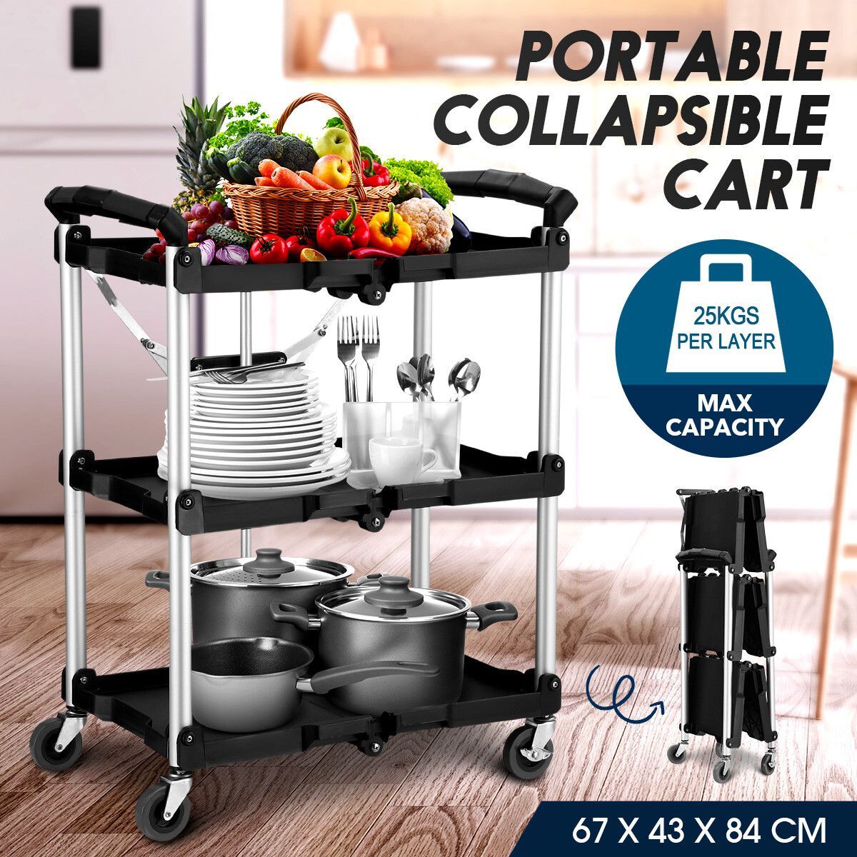 Kitchen Island Trolley Folding Service Cart Storage Rack Shelf Organiser 3 Tiers