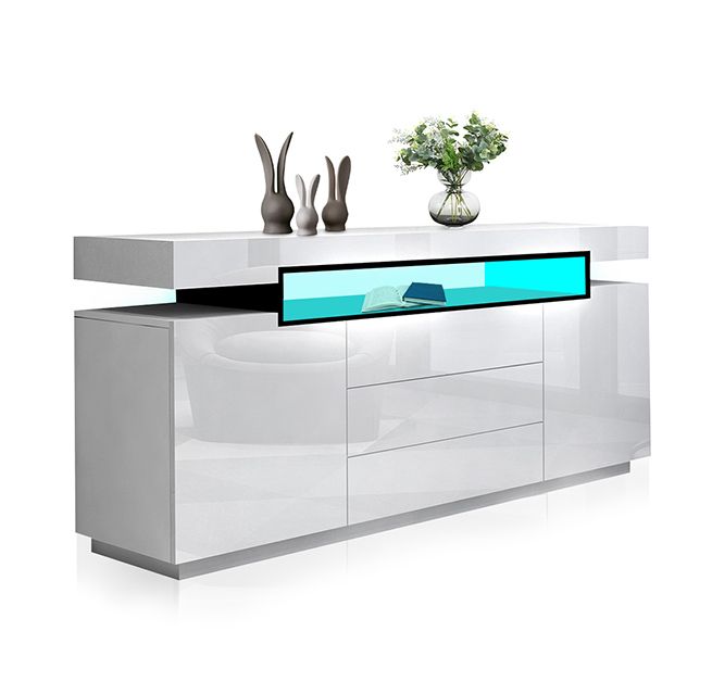 LED Sideboard Corner TV Stand Entertainment Unit Buffet Table White High Gloss 3 Drawers