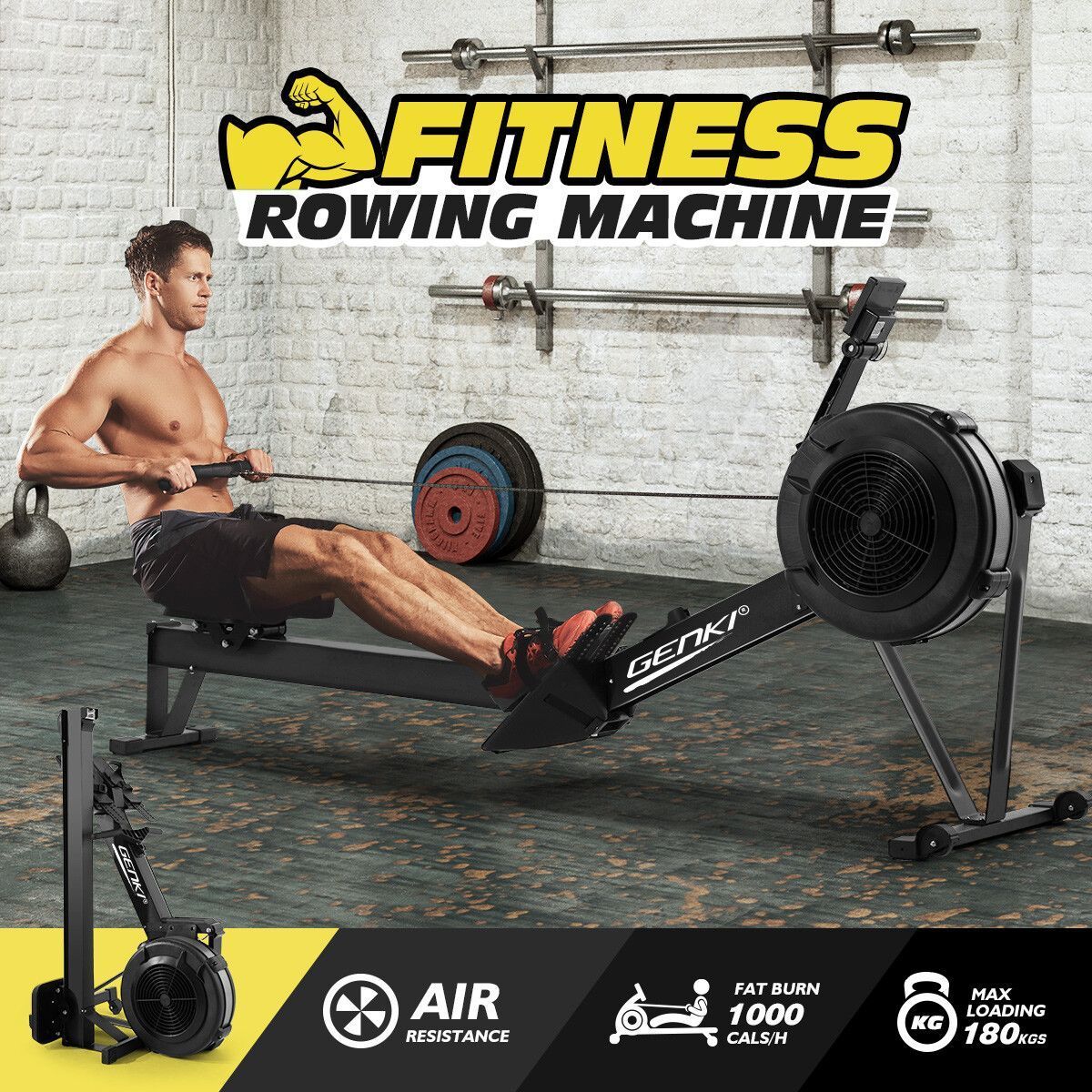 GENKI Fitness Rowing Machine Indoor Home Rower Foldable 10 Resistance Levels LCD Bluetooth