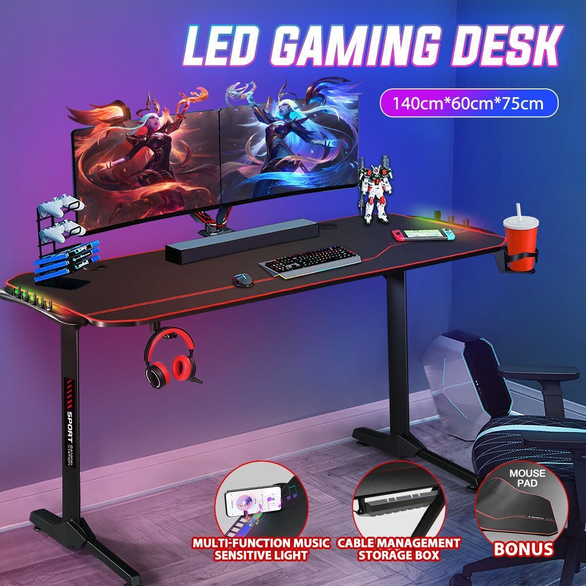RGB Gaming Desk Carbon Fibre Racer Table Computer Desktop Study Workstation LED 140cm