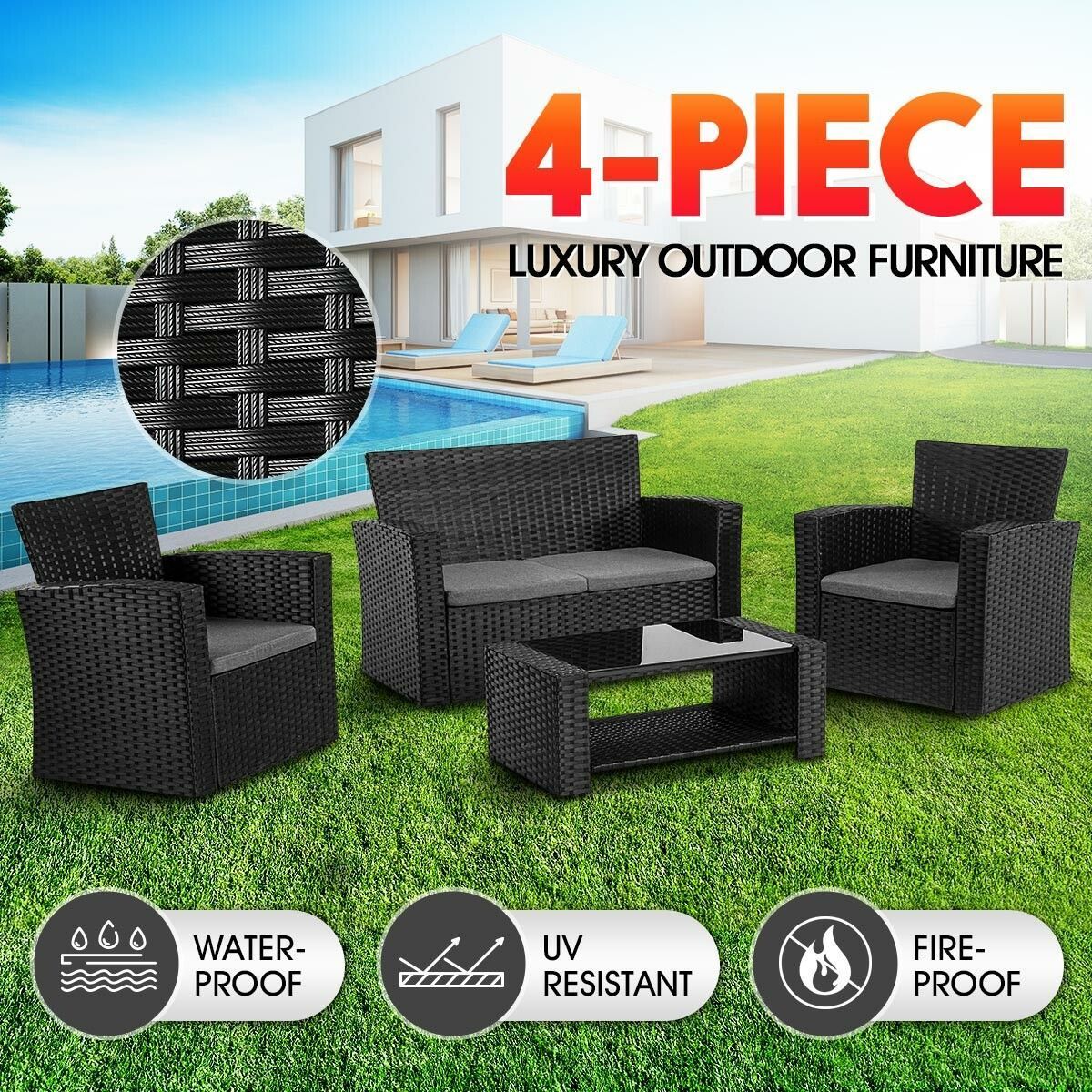 Outdoor Wicker Sofa Garden Lounge Patio Set Rattan Chairs Furniture 4 Pcs