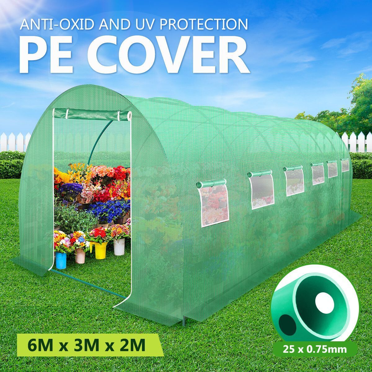 6x3x2m Greenhouse Large Portable Walk In Tunnel Backyard Garden Outdoor with PE Cover 12 Vents