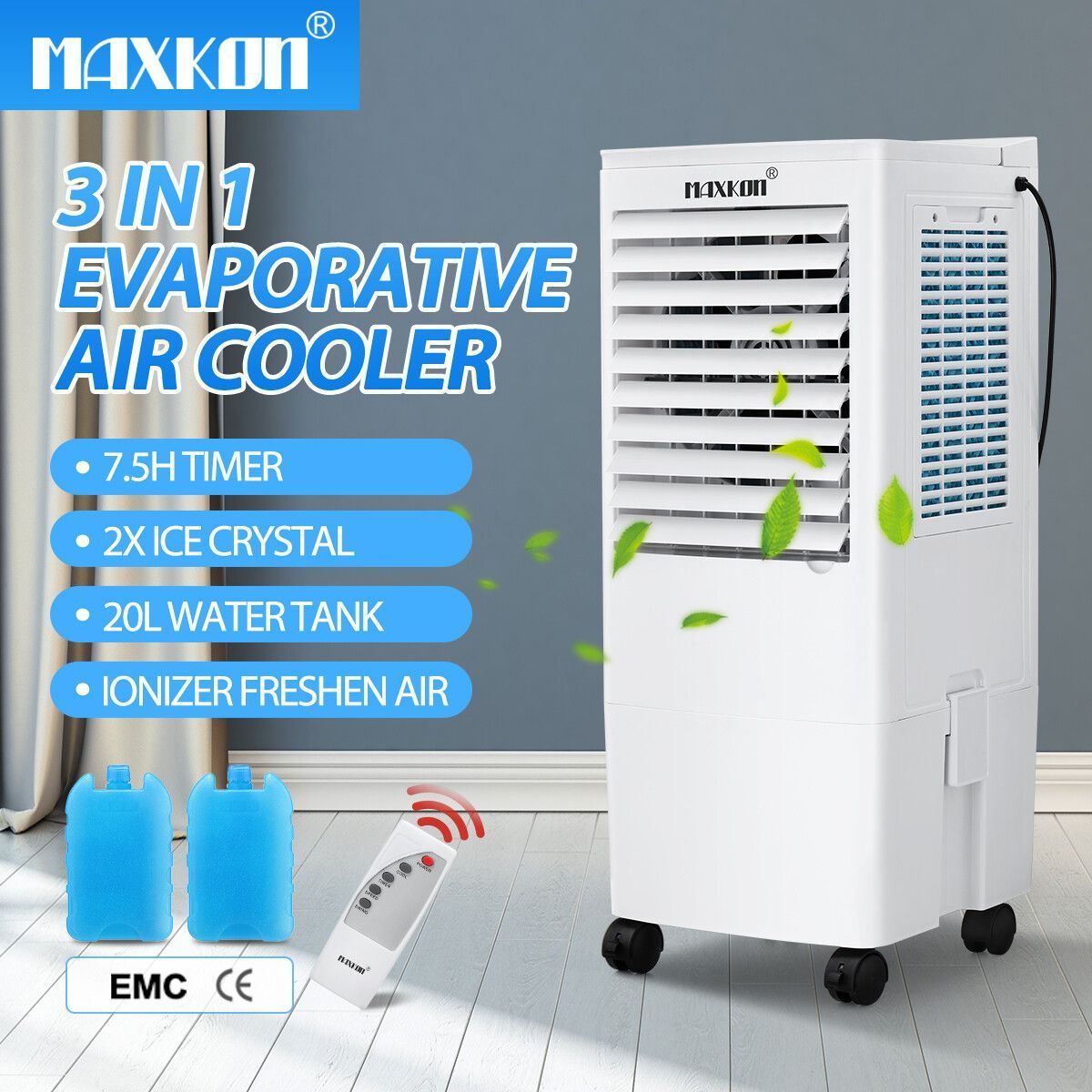 Maxkon Air Cooler Evaporative Humidifier Purifier Portable Cooling Fan 3 In 1 White