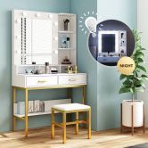 Large Dressing Table and Stool Set Vanity Makeup Dresser Table Set with 9 LED Lighted Mirror