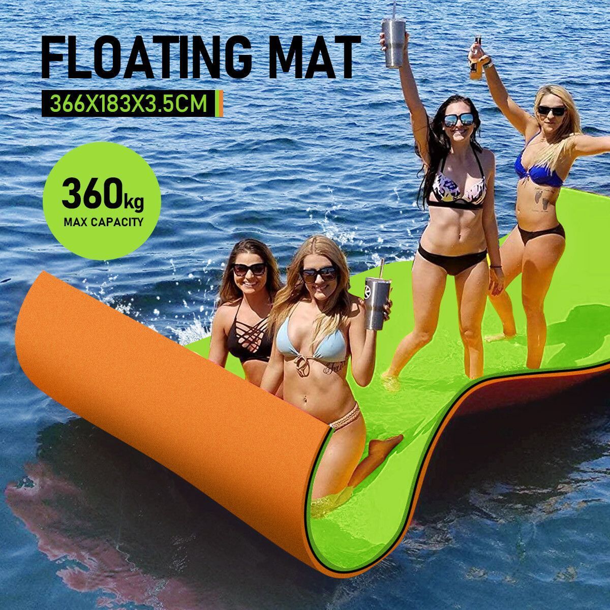 Water Floating Mat Foam Pad Lounge for Boat Pool Lake 366x183x3.5CM Orange Black Green