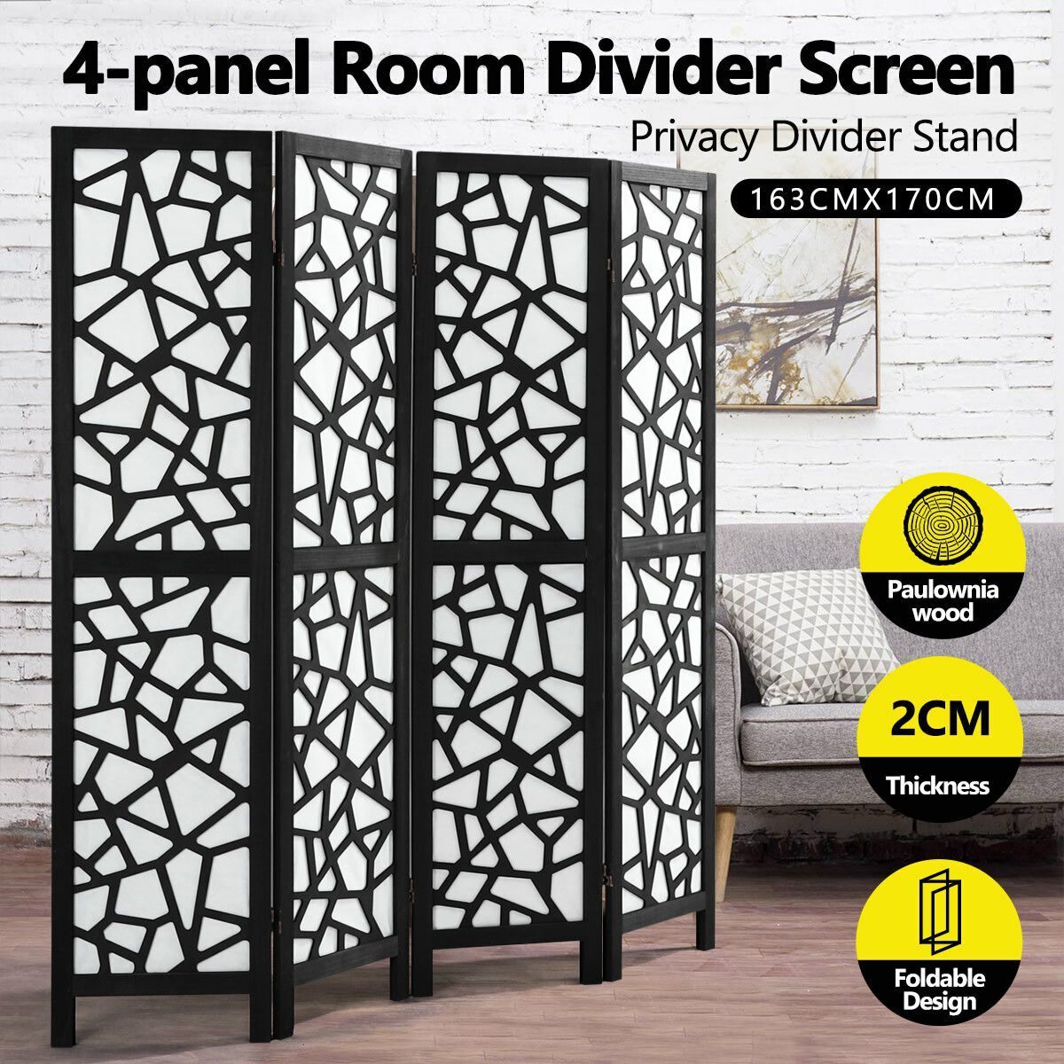 4 Panel Room Divider Screen Privacy Separator Stand Wooden Partition Portable Black and White