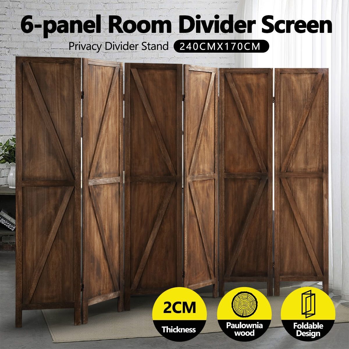 6 Panel Room Divider Privacy Screen Separator Stand Wooden Partition Folding Portable Charcoal