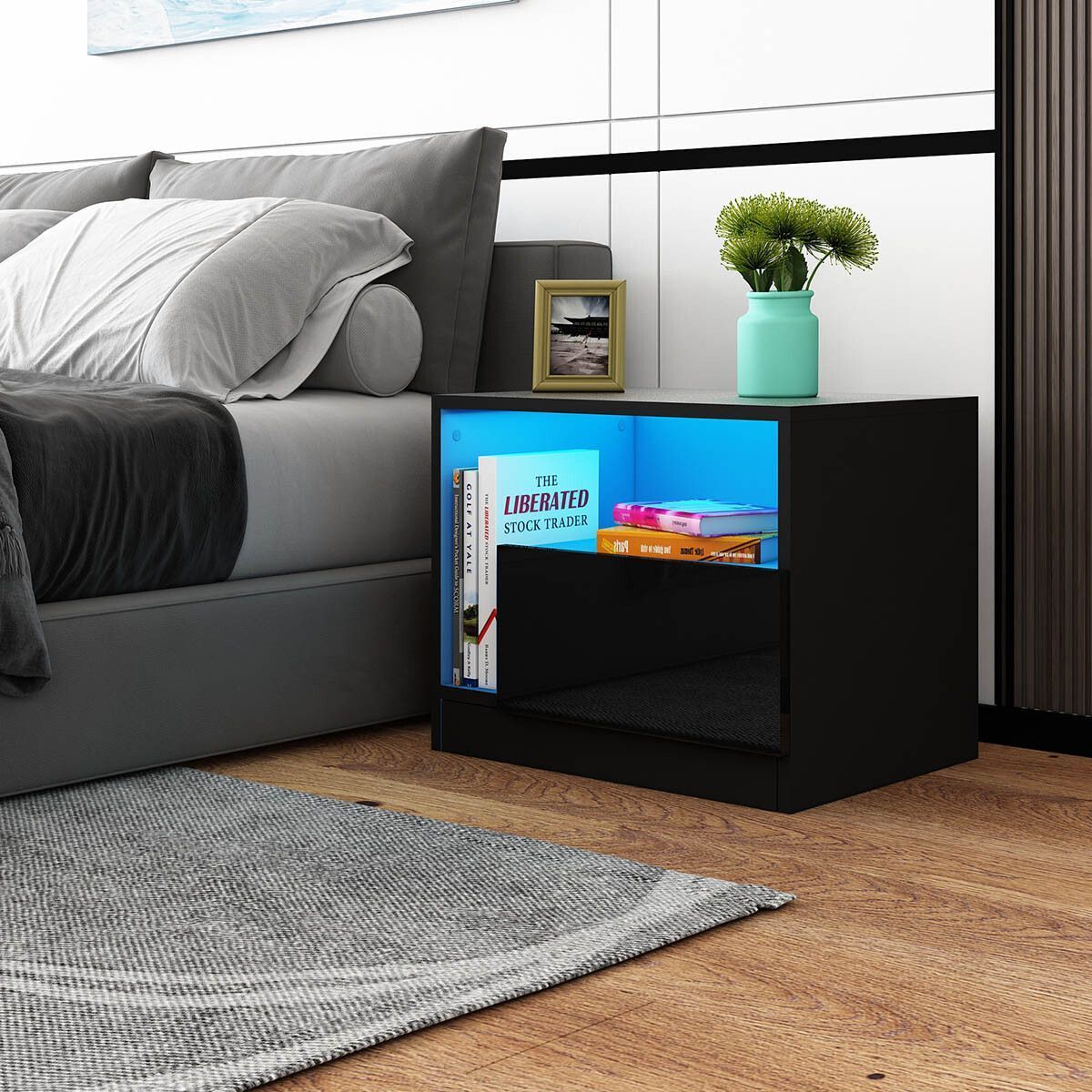 Wooden Bedside Table LED End Nightstand with 1 Drawer Open Shelf High Gloss Front Black