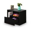 Wooden Bedside Table LED End Nightstand with 1 Drawer Open Shelf High Gloss Front Black