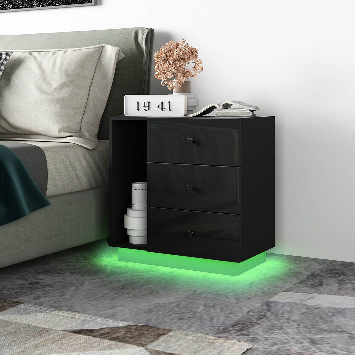 Wooden Bedside Table LED End Nightstand with 3 Drawers Open Shelf High Gloss Front Black