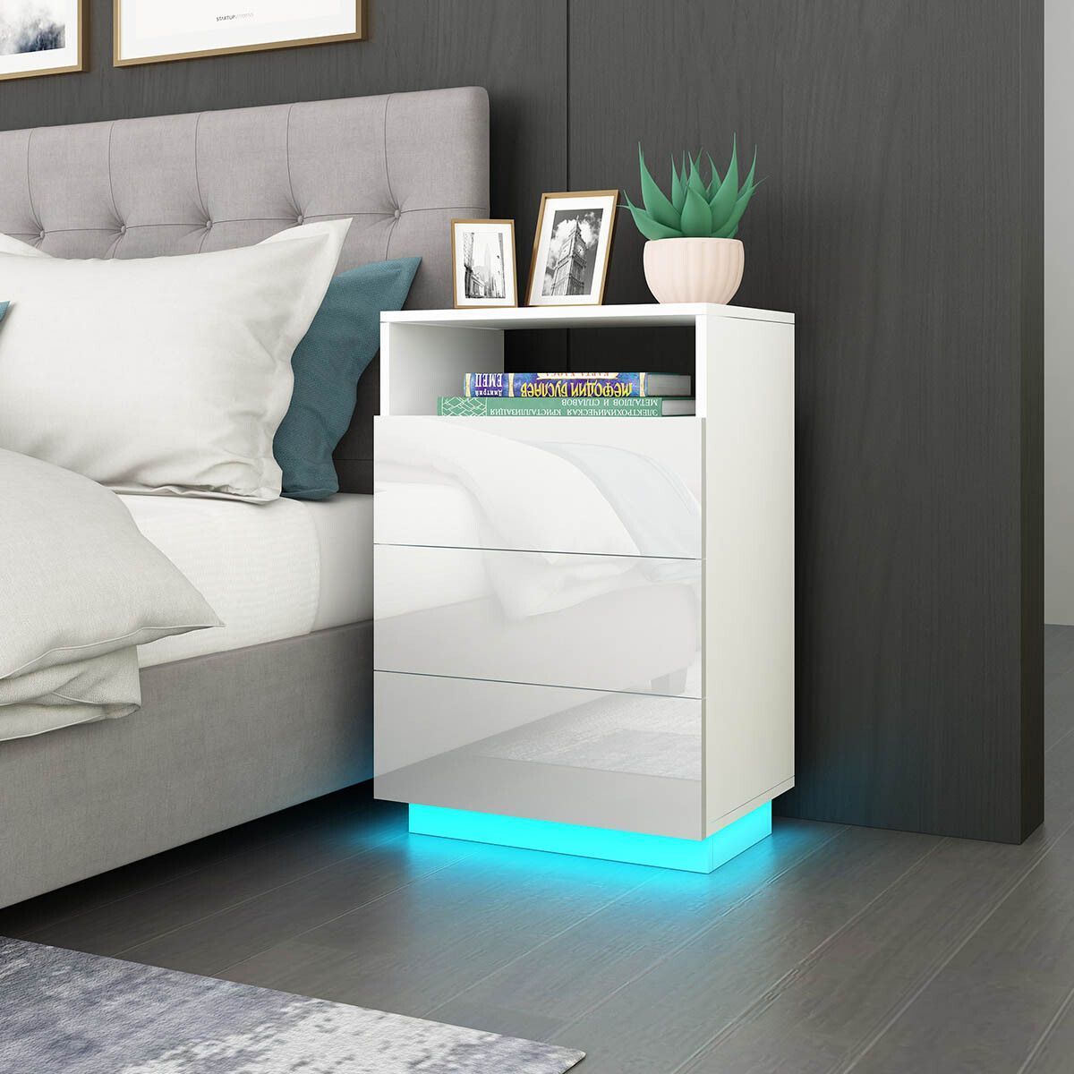 White Bedside Table Wooden End Nightstand LED with 3 Drawers Open Shelf High Gloss Front