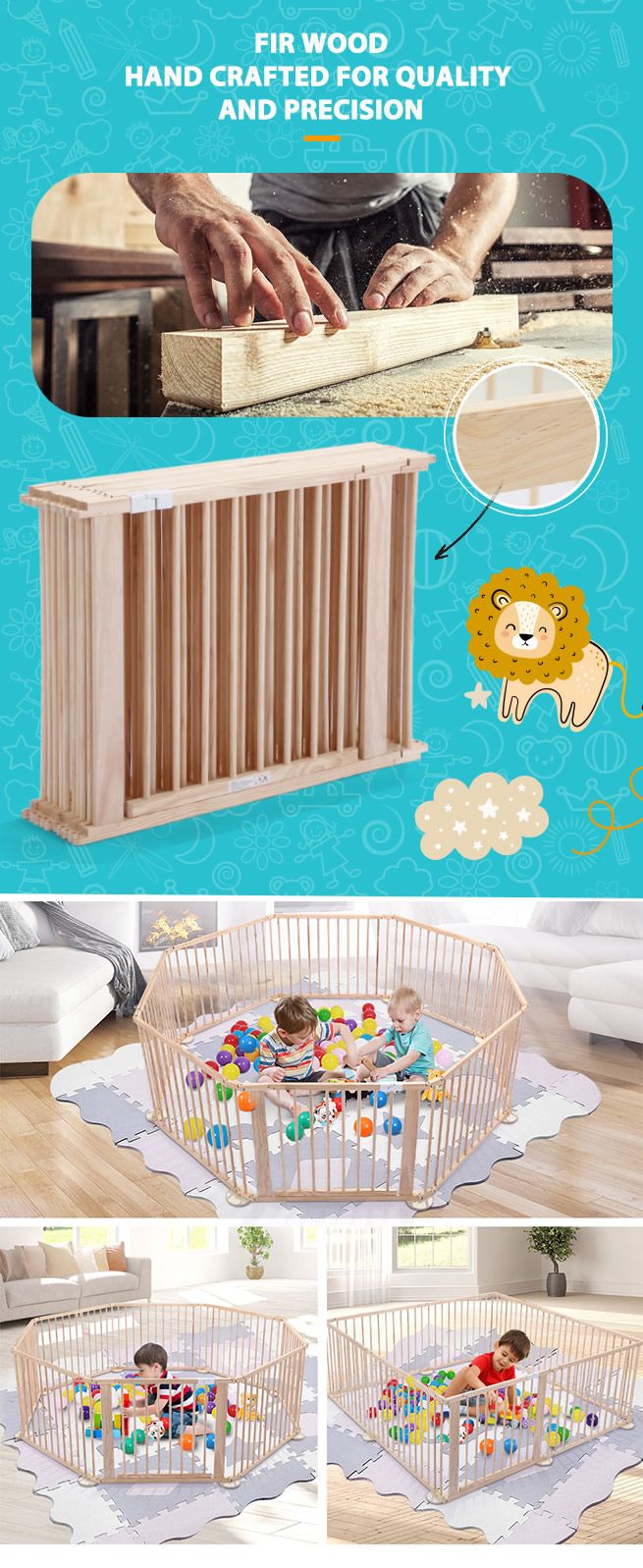 Kidbot Wooden Playpen Kids Activity Centre Foldable Fence Outdoor Playard 8 Panel