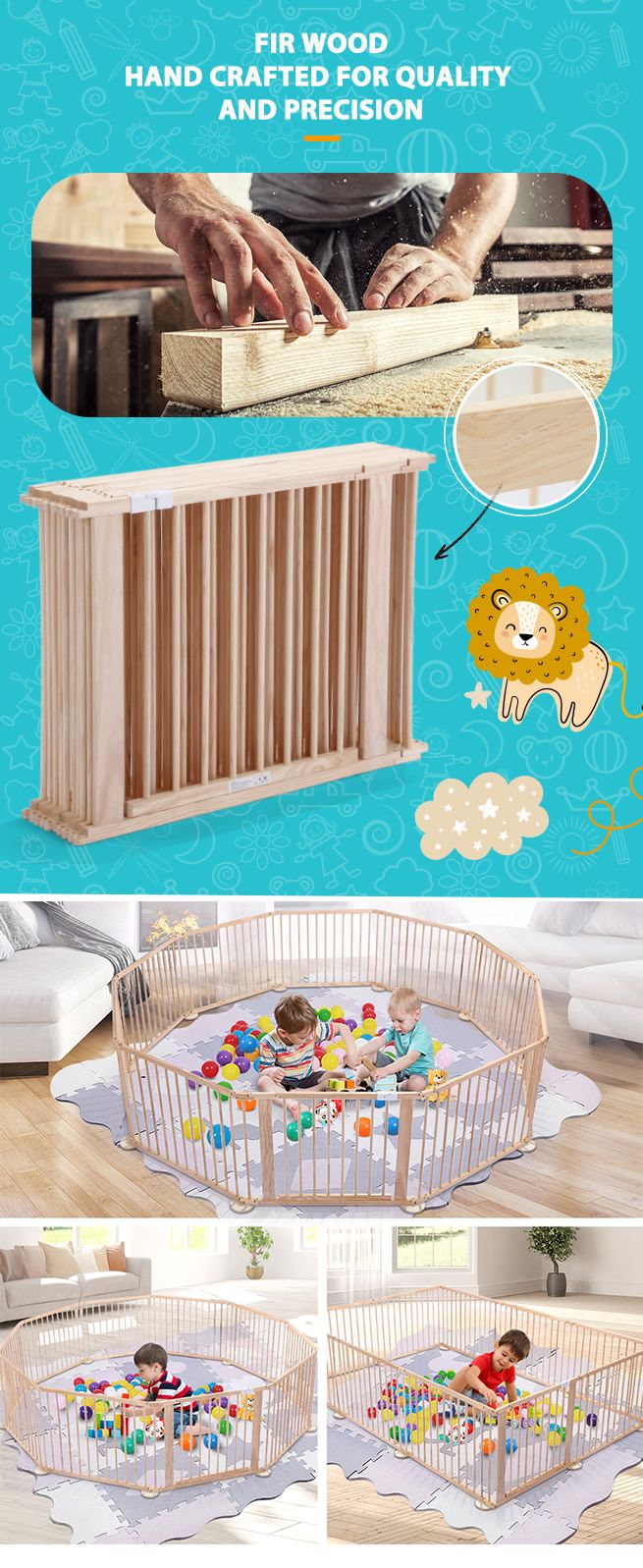 Kidbot Wooden Playpen Foldable Fence Kids Activity Centre Outdoor Playard 10 Panel
