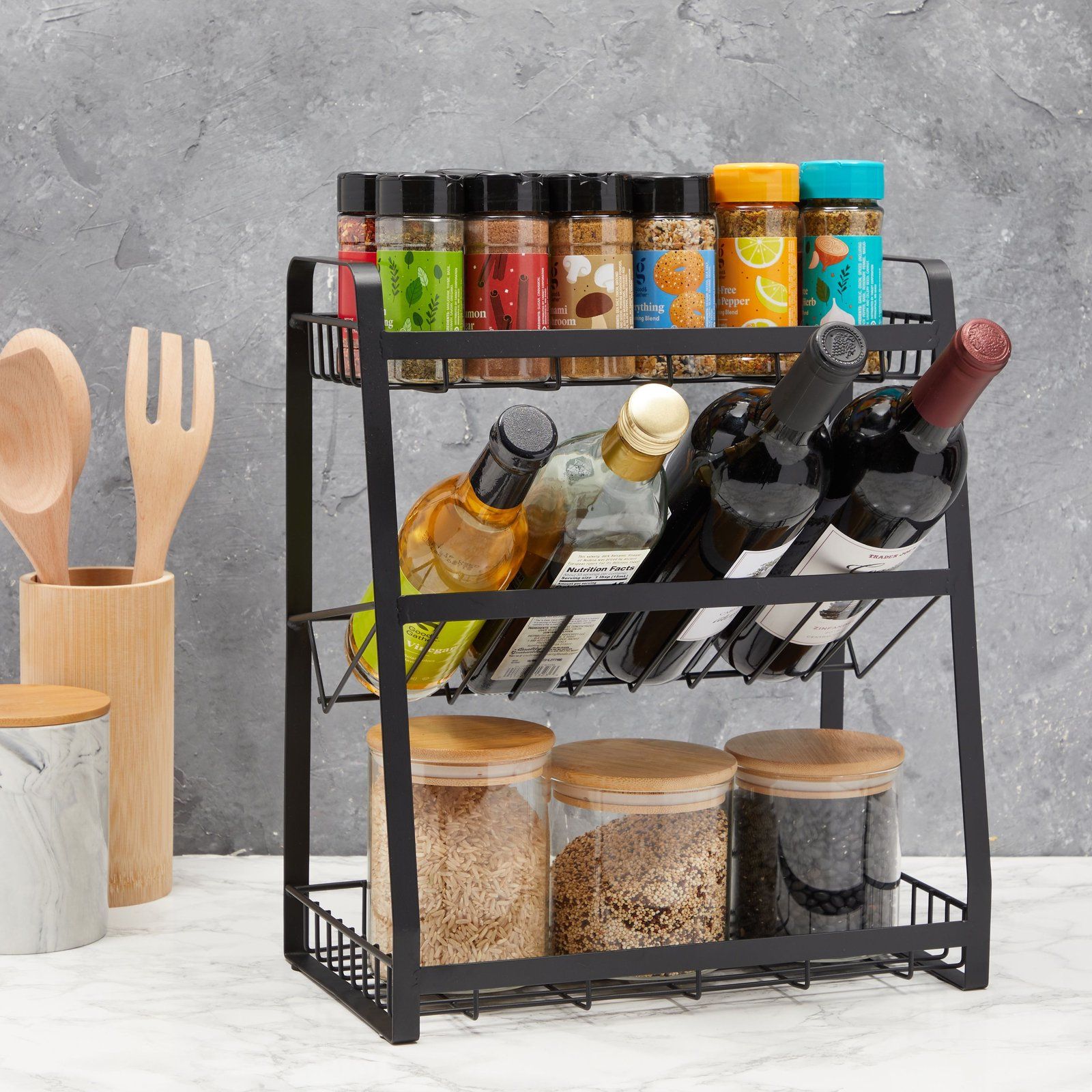 3 Tier Black Metal Spice Rack Organizer for Cabinet, Countertop ...