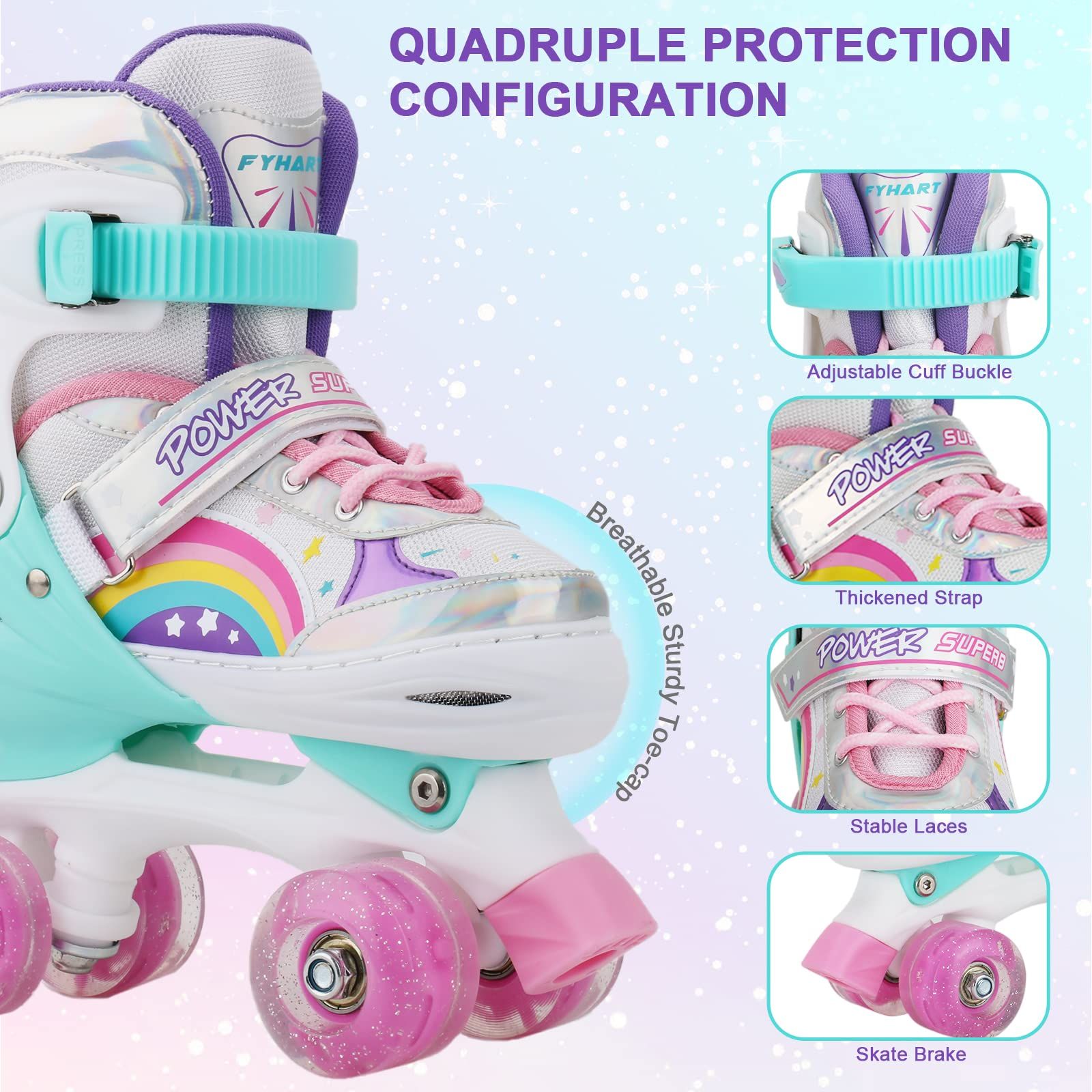 FYHART Kids Roller Skates for Girls Boys Adjustable 4 Sizes with Light up Wheels 
