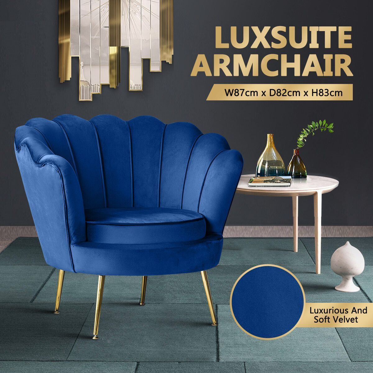 Scalloped Velvet Arm Chair Armchair Lounge Chair Dining Chair Accent Chair with Metal Legs Navy Blue