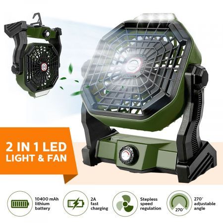 Outdoor Camping Fan Light 2in1 with LED Lamp Portable Tent USB Powered Rechargeable Battery 3 Brightness Green