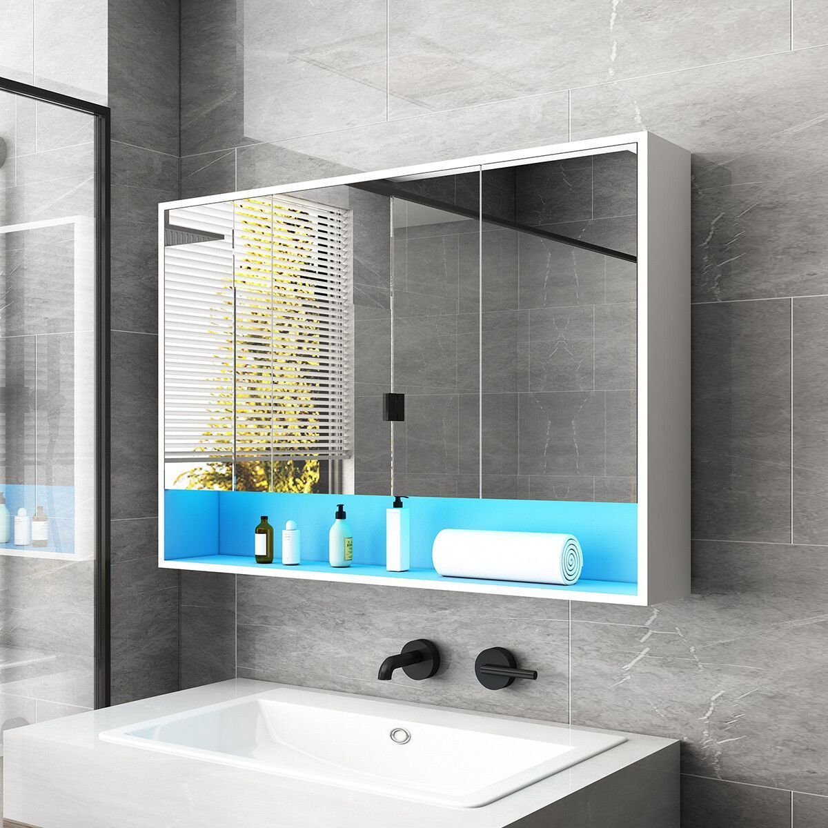 Bathroom Mirror Cabinet LED Lighted Wall Storage Medicine Shaving Organiser Shelves 3 Doors 16 Colours White