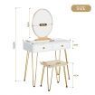 Vanity Table and Stool Set Makeup Dressing Table with Cushioned Chair Round Mirror 2 Large Drawers, White