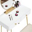 Vanity Table and Stool Set Makeup Dressing Table with Cushioned Chair Round Mirror 2 Large Drawers, White