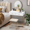 Vanity Table and Stool Set Makeup Dressing Table with Cushioned Chair Round Mirror 2 Large Drawers, White
