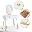 Vanity Table and Stool Set Makeup Dressing Table with Cushioned Chair Round Mirror 2 Large Drawers, White