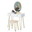 Vanity Table and Stool Set Makeup Dressing Table with Cushioned Chair Round Mirror 2 Large Drawers, White