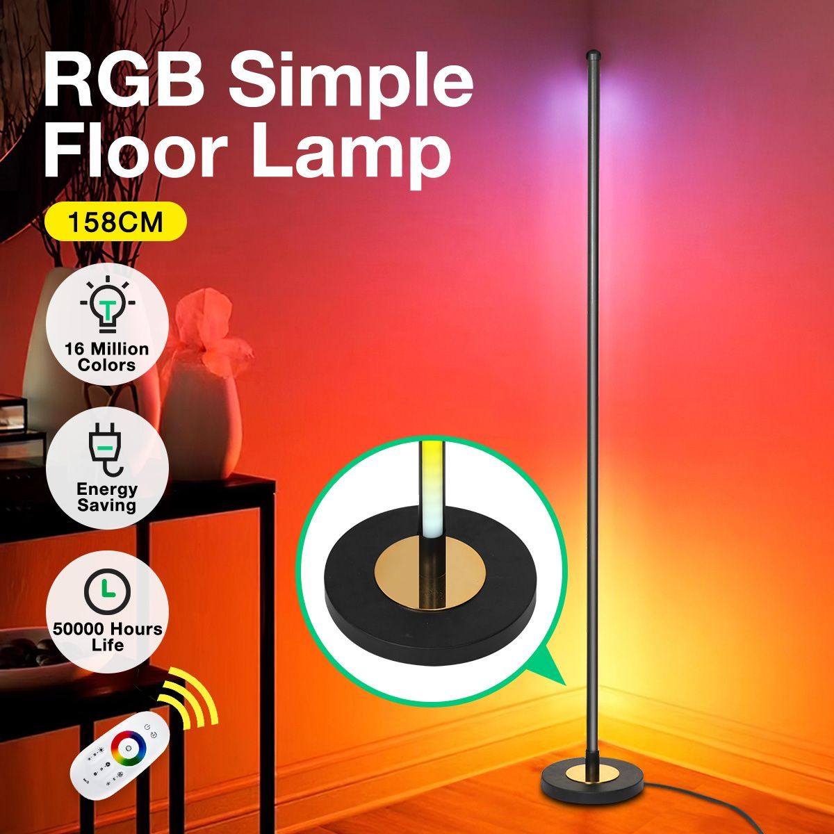 RGB LED Floor Lamp Corner Standing Light Remote Control for Bedroom Living Room 158CM