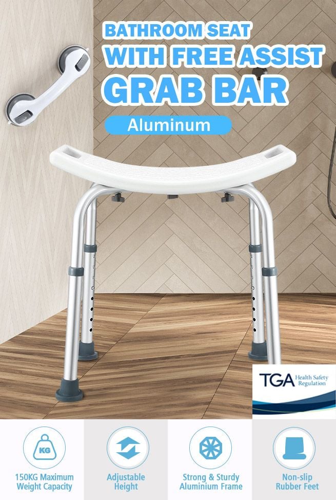 Adjustable Shower Chair Seat Bath Stool Bench with Assist Grab Bar Aid for Elderly Disabled