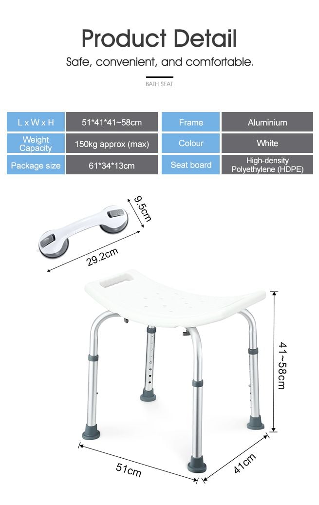 Adjustable Shower Chair Seat Bath Stool Bench with Assist Grab Bar Aid for Elderly Disabled