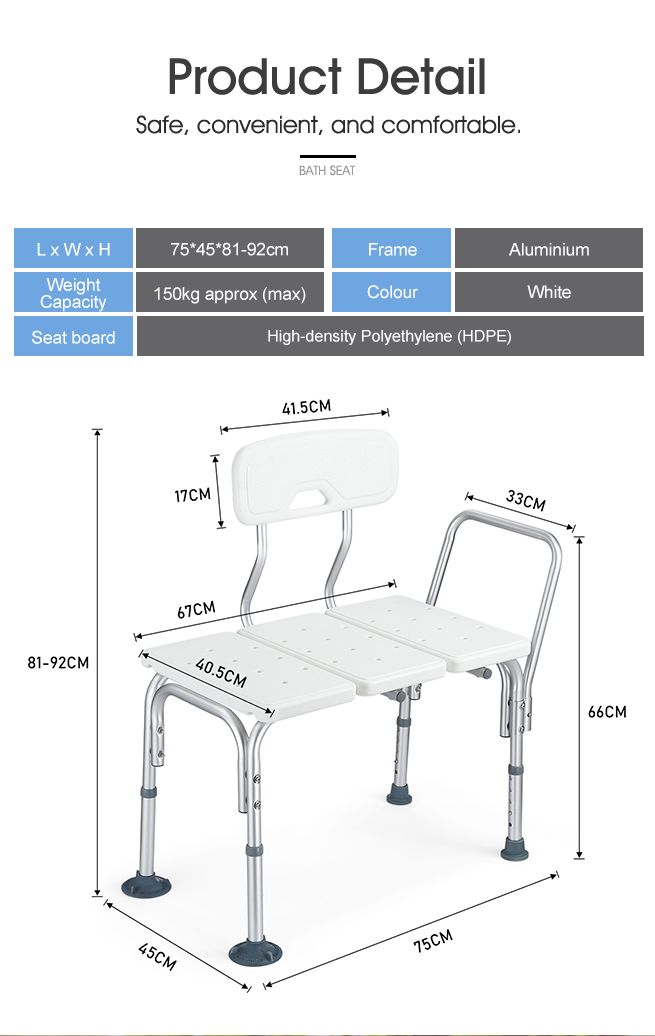 Medical Tub Transfer Bench Adjustable Shower Bath Seat Stool with Armrest and Back
