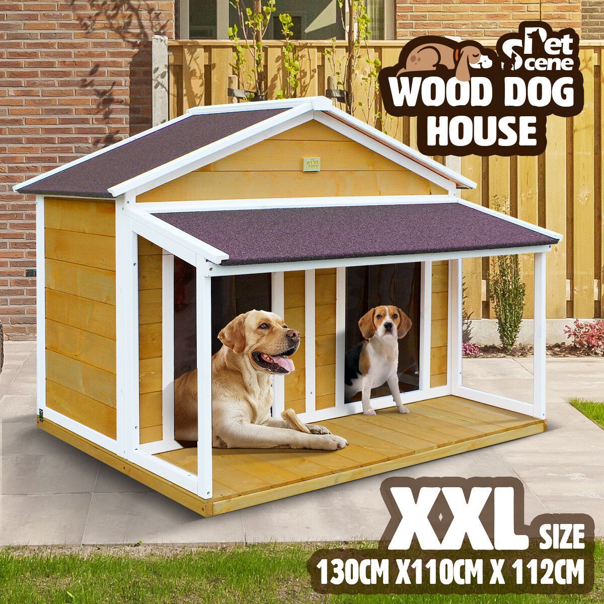 Petscene Dog Kennel XXL Wooden Pet House with 2 Doors 2 Living Rooms Porch Curtains Raised Floor