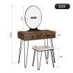 Vanity Table and Stool Set Makeup Dressing Table with Cushioned Chair Round Mirror 2 Large Drawers, Oak