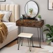 Vanity Table and Stool Set Makeup Dressing Table with Cushioned Chair Round Mirror 2 Large Drawers, Oak