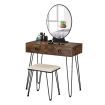 Vanity Table and Stool Set Makeup Dressing Table with Cushioned Chair Round Mirror 2 Large Drawers, Oak