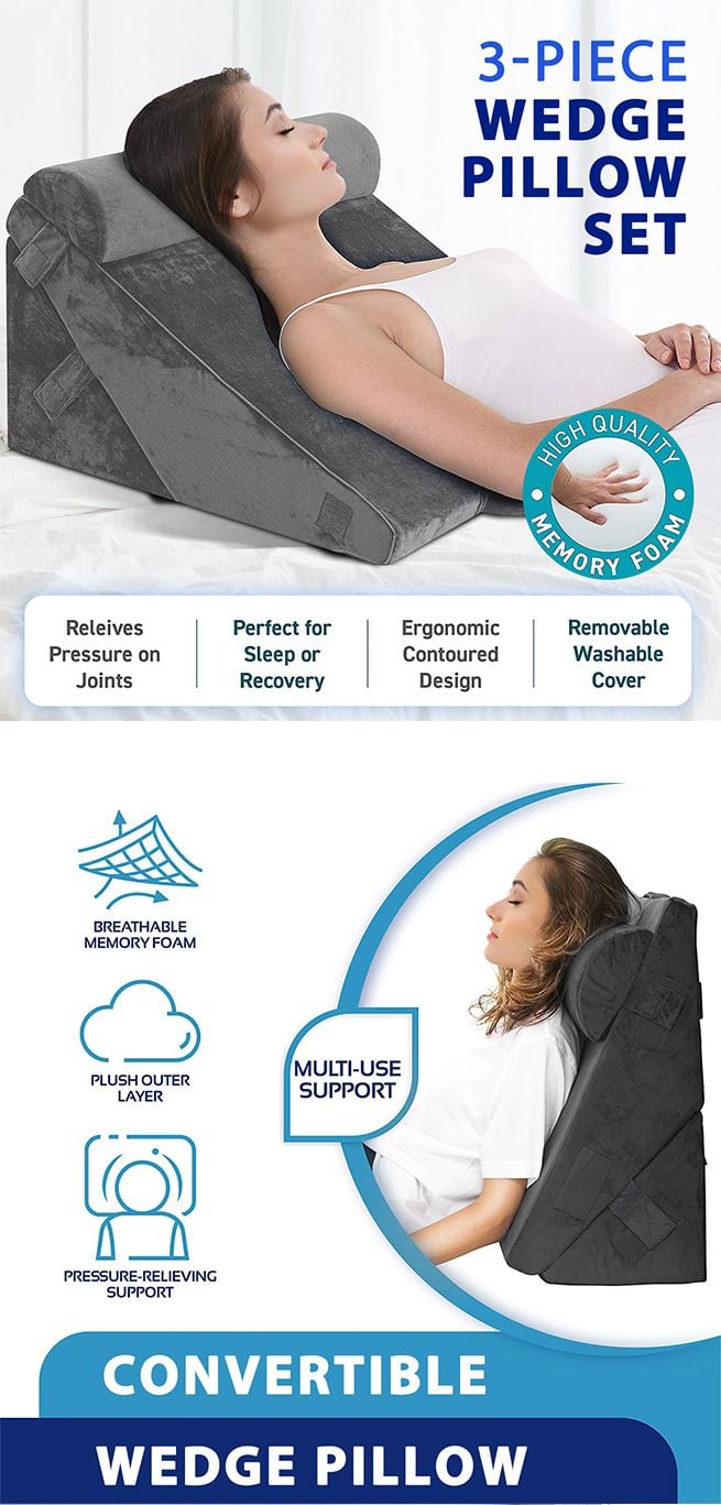 Bed Wedge Pillow Set Triangle Cushion Memory Foam Head and Back Support Adjustable Gray