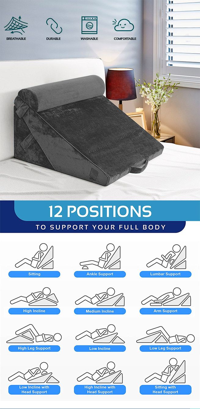 Bed Wedge Pillow Set Triangle Cushion Memory Foam Head and Back Support Adjustable Gray