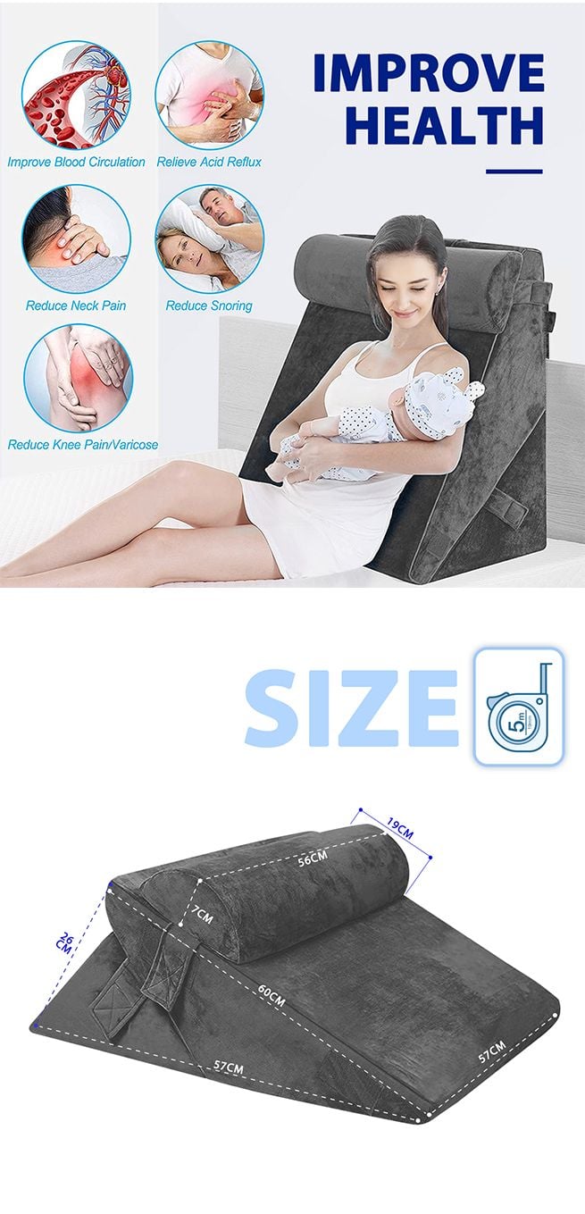 Bed Wedge Pillow Set Triangle Cushion Memory Foam Head and Back Support Adjustable Gray
