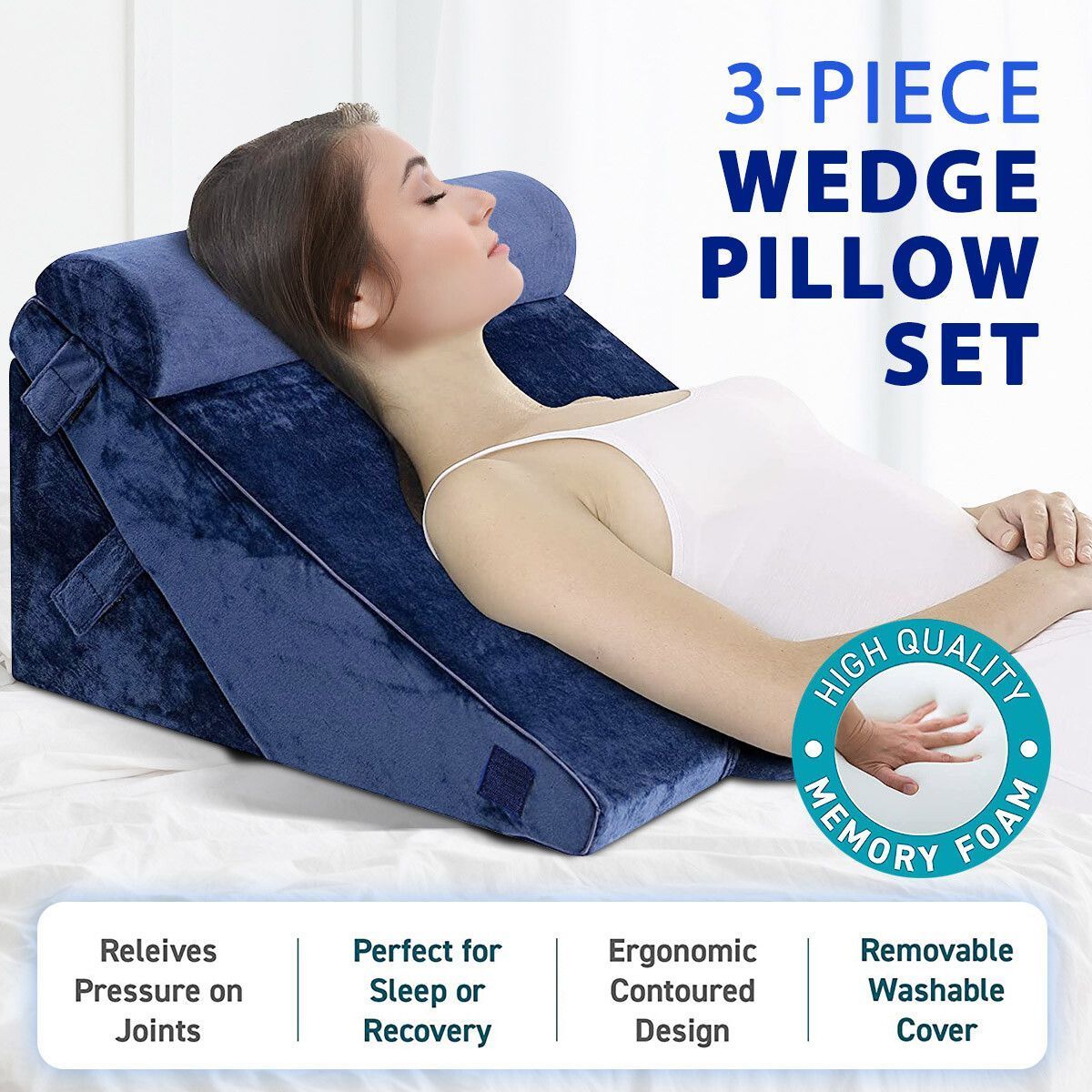 Wedge Pillow Set Triangle Memory Foam Bed Cushion Back and Head Support Adjustable Navy Blue