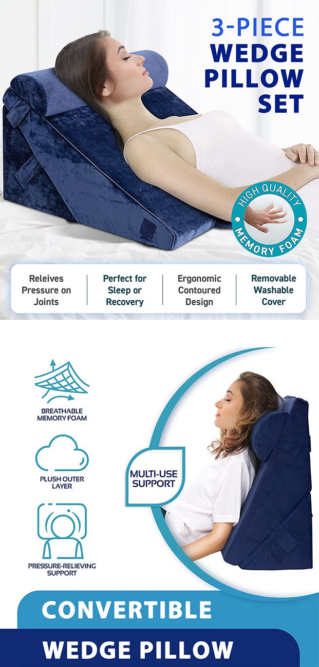 Wedge Pillow Set Triangle Memory Foam Bed Cushion Back and Head Support Adjustable Navy Blue